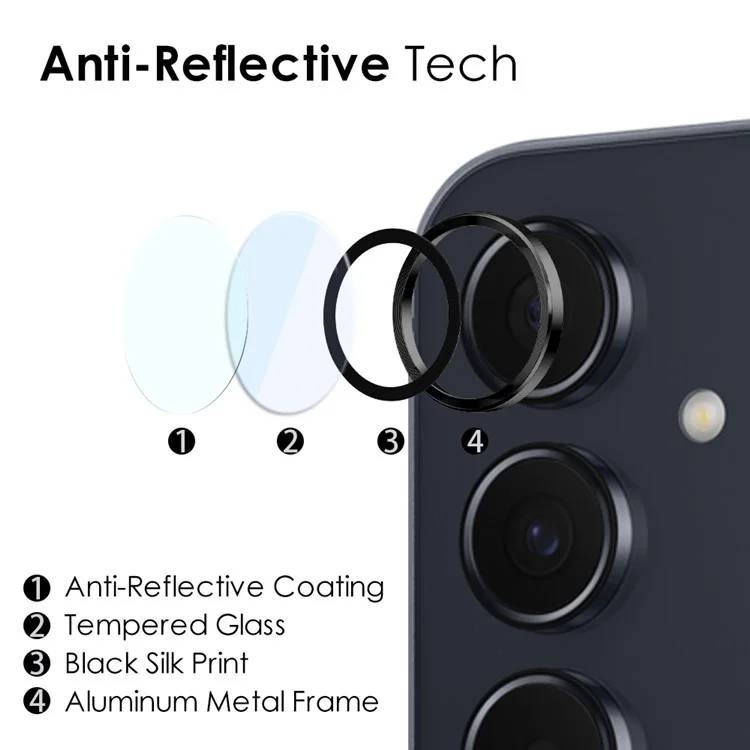 NORTHJO 1 Set For Samsung Galaxy A55 5G Camera Lens Film CD Vein Metal Ring + Tempered Glass Lens Film - Black