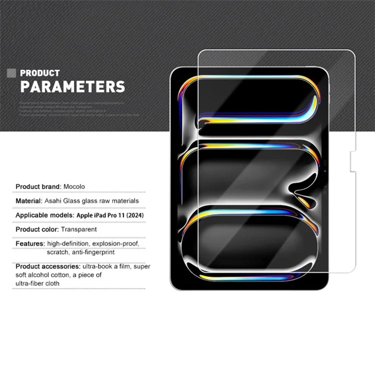 MOCOLO para iPad Pro 11 (2024) Protector de pantalla de vidrio templado Película de alta transparencia