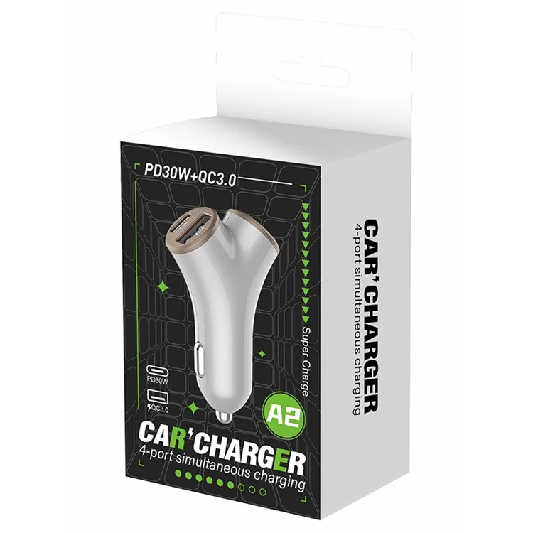 A2 78W Y-Shaped Car Charger 2 USB + 2 Type-C Phone Fast Charging Power Adapter - Silver
