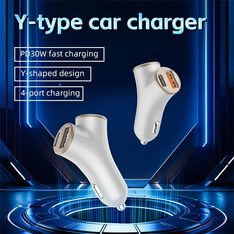A2 78W Y-Shaped Car Charger 2 USB + 2 Type-C Phone Fast Charging Power Adapter - Silver