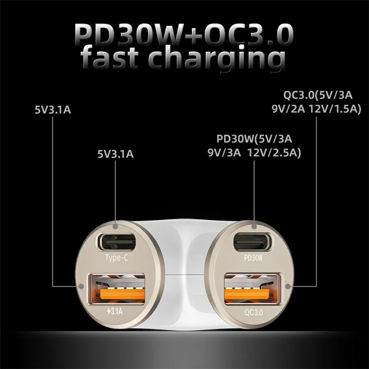 A2 78W Y-Shaped Car Charger 2 USB + 2 Type-C Phone Fast Charging Power Adapter - Silver
