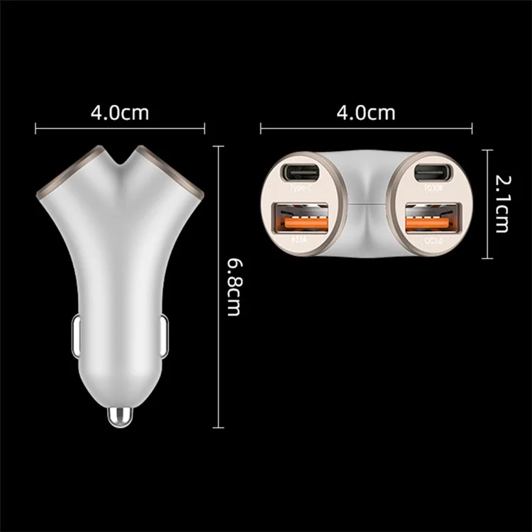 A2 78W Y-Shaped Car Charger 2 USB + 2 Type-C Phone Fast Charging Power Adapter - Silver