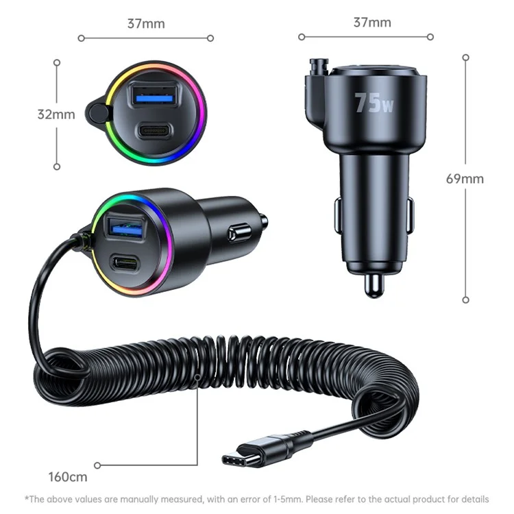 T26 45W+30W USB+Type-C Phone Fast Charging Adapter Car Charger with PD 30W Type-C Spring Cable (CE Certified)
