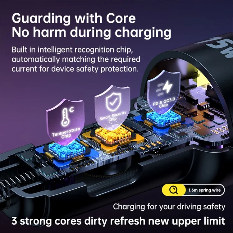 T26 45W+30W USB+Type-C Phone Fast Charging Adapter Car Charger with PD 30W Type-C Spring Cable (CE Certified)