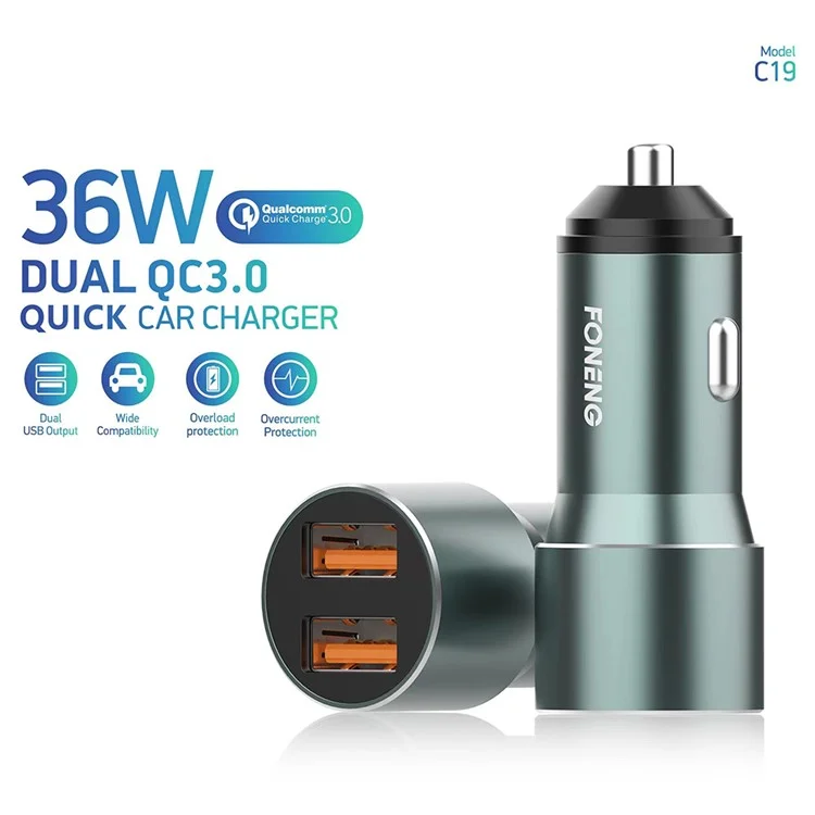 Chargeur de voiture à double port USB FONENG C19 Alliage d'aluminium 36W QC3.0 Adaptateur de charge pour téléphone