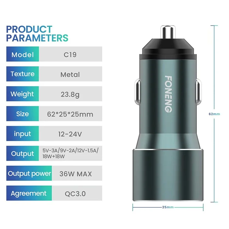 Chargeur de voiture à double port USB FONENG C19 Alliage d'aluminium 36W QC3.0 Adaptateur de charge pour téléphone