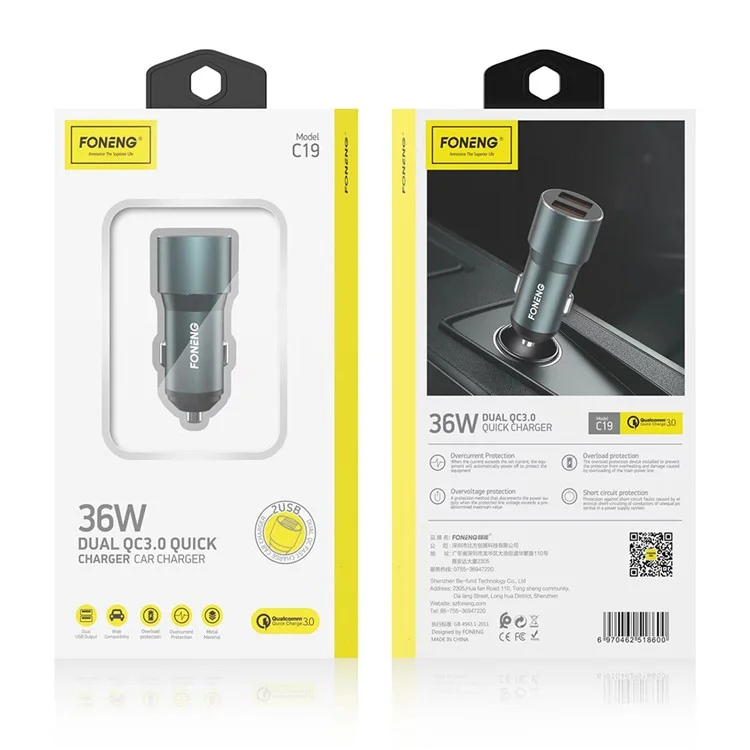 Chargeur de voiture à double port USB FONENG C19 Alliage d'aluminium 36W QC3.0 Adaptateur de charge pour téléphone