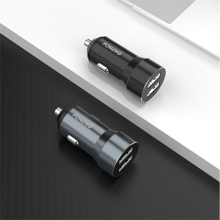 FONENG C08 Caricabatteria per Auto a 2 Porte Porte USB Doppie Caricabatteria per Telefono Cellulare Accendisigari per Automobile - Nero