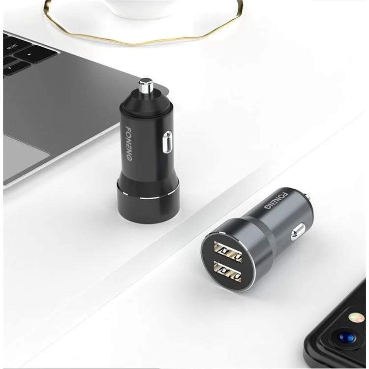 FONENG C08 Caricabatteria per Auto a 2 Porte Porte USB Doppie Caricabatteria per Telefono Cellulare Accendisigari per Automobile - Nero