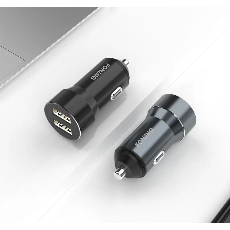 FONENG C08 Caricabatteria per Auto a 2 Porte Porte USB Doppie Caricabatteria per Telefono Cellulare Accendisigari per Automobile - Nero