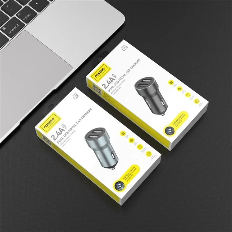 FONENG C08 Caricabatteria per Auto a 2 Porte Porte USB Doppie Caricabatteria per Telefono Cellulare Accendisigari per Automobile - Nero