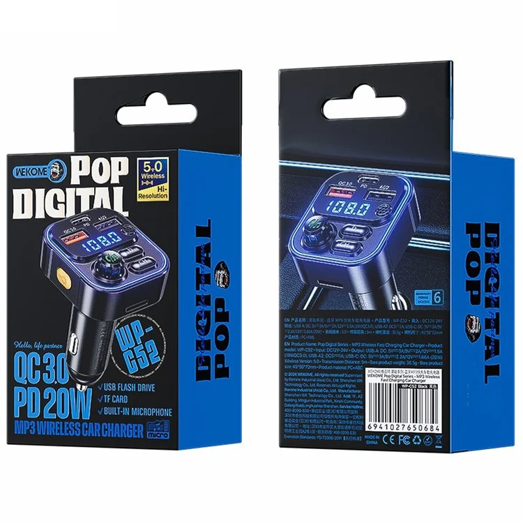 WEKOME WP-C52 Carregador de Carro Bluetooth MP3 PD 20W de Carregamento Rápido