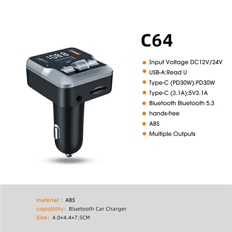 C64 Bluetooth-compatible 5.3 Car Adapter PD 30W Car Charger Handsfree Calling Audio Receiver MP3 Music Player
