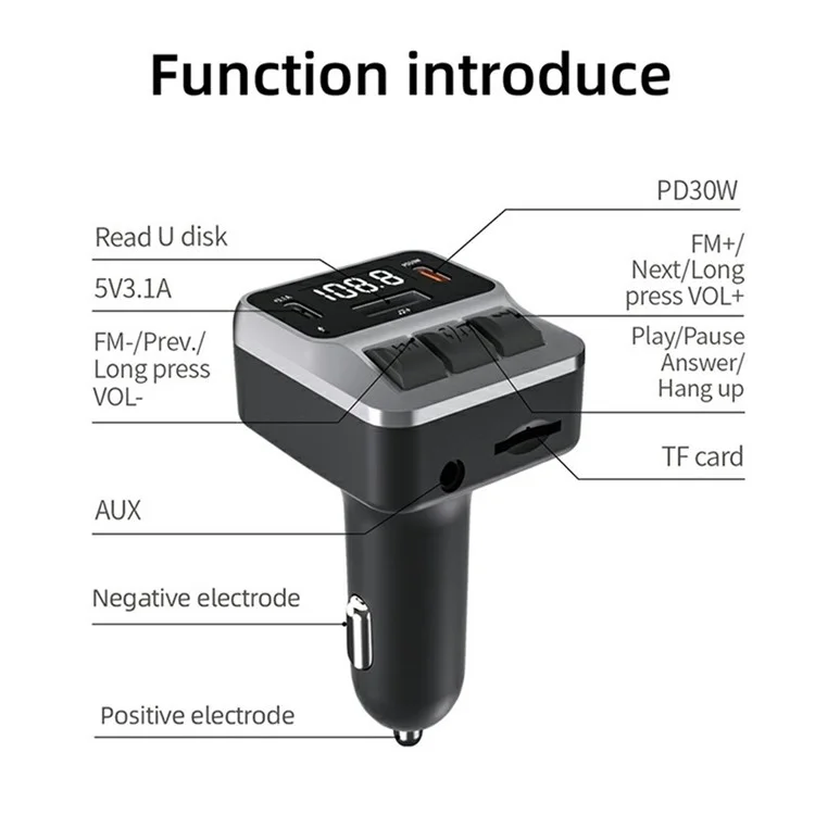 C65 Car Bluetooth-compatible FM Transmitter with Dual Type-C Port PD 30W Fast Charging Adapter