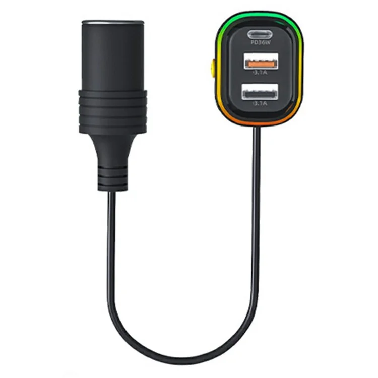 YQ9 Type-C + Dual USB Car Front Rear Seat Cigarette Lighter Charger for 12-24V Vehicles