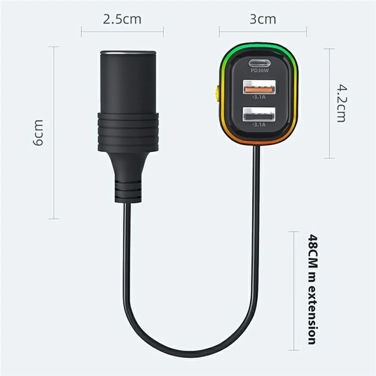 YQ9 Type-C + Dual USB Car Front Rear Seat Cigarette Lighter Charger for 12-24V Vehicles