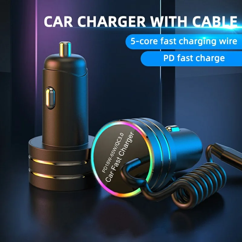 K13S 7-Color Ambient Lamp PD Fast Charging Car Charger with 1m Type-C Elastic Spring Wire