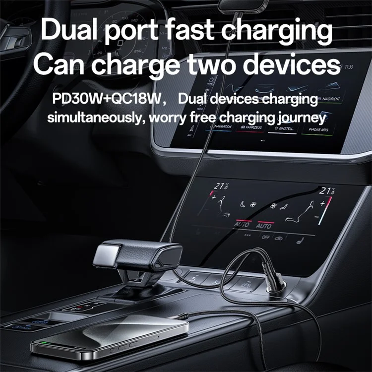 YESIDO Y68 USB+Type-C Dual Port Adapter PD 30W+QC 18W Fast Charging Mini Car Charger