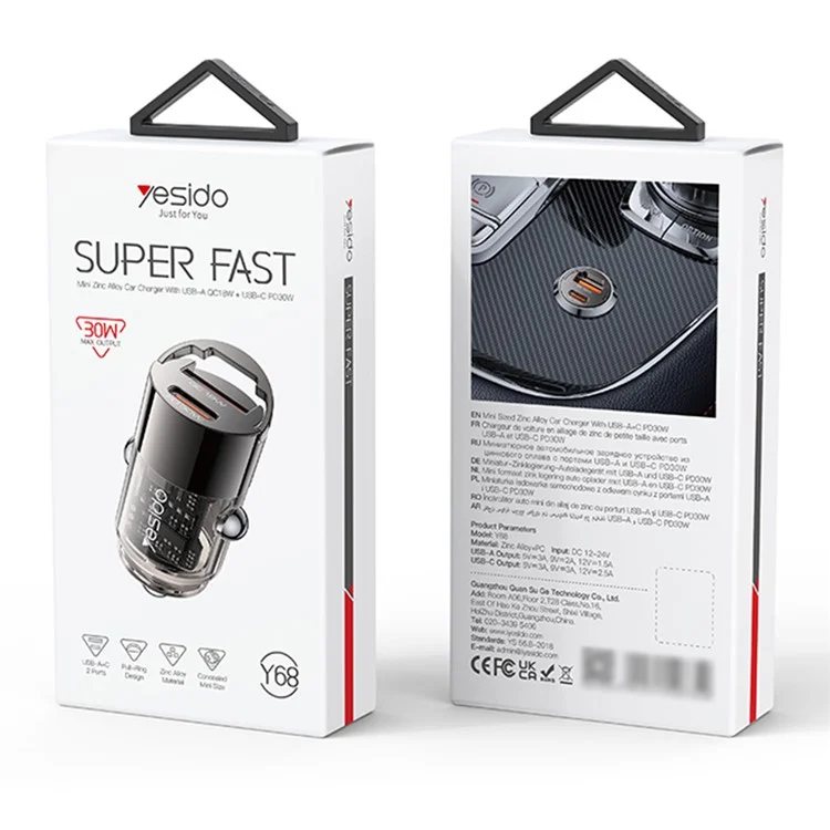 YESIDO Y68 USB+Type-C Dual Port Adapter PD 30W+QC 18W Fast Charging Mini Car Charger