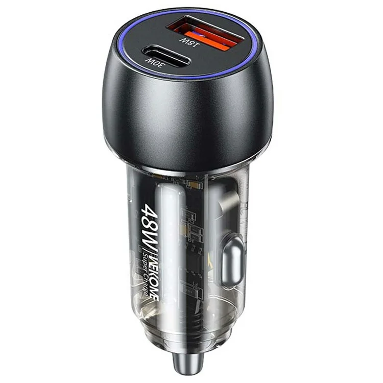 Carregador de carro WEKOME WP-C53 48W, feito de liga de alumínio e invólucro de PC transparente, com porta USB A+C dual, carregamento rápido - Preto