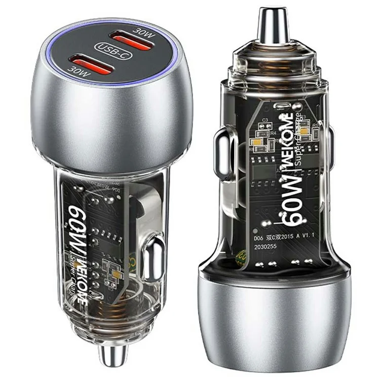 WEKOME WP-C54 автомобильное зарядное устройство 60 Вт с двумя USB-C, быстрая зарядка, алюминиевый сплав, прозрачный адаптер - серебристый