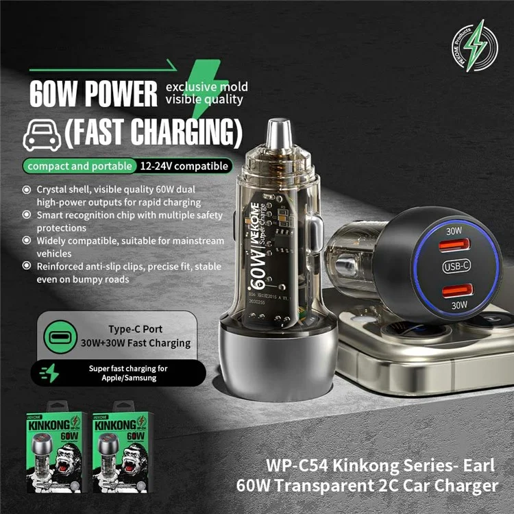 WEKOME WP-C54 автомобильное зарядное устройство 60 Вт с двумя USB-C, быстрая зарядка, алюминиевый сплав, прозрачный адаптер - серебристый