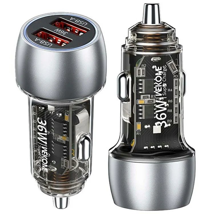 WEKOME WP-C55 автомобильное зарядное устройство 36 Вт, двойной USB, быстрая зарядка, алюминиевый сплав, прозрачный адаптер - серебристый