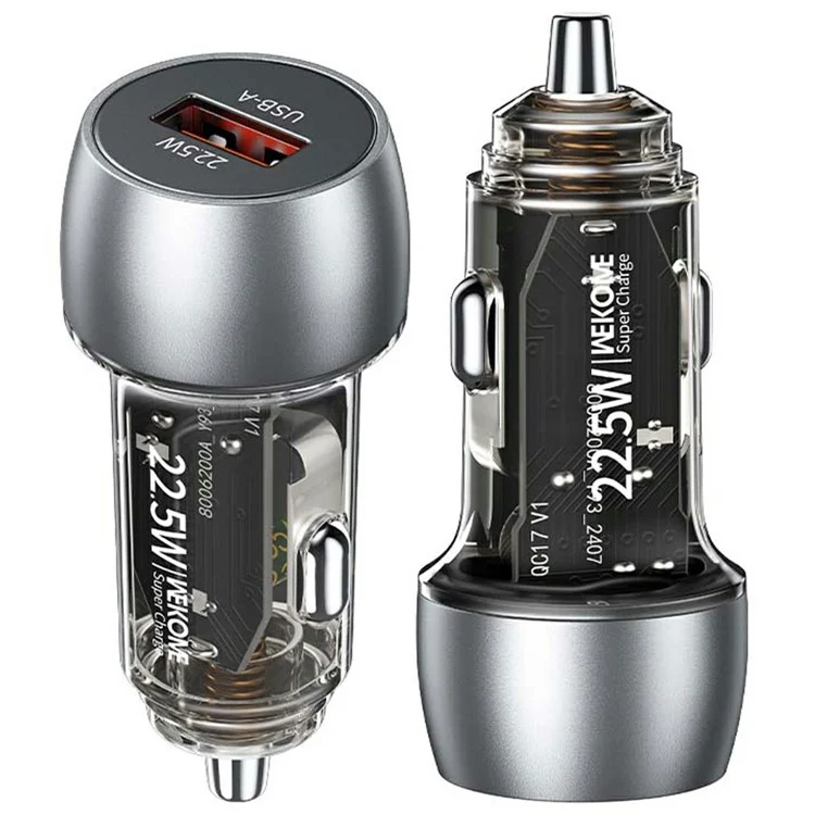 Cargador de coche WEKOME WP-C57 22.5W con un puerto USB-A de carga rápida, de aleación de aluminio y adaptador transparente - Plata