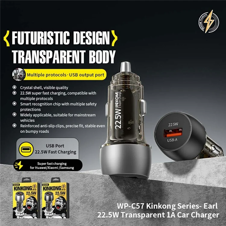 Cargador de coche WEKOME WP-C57 22.5W con un puerto USB-A de carga rápida, de aleación de aluminio y adaptador transparente - Plata