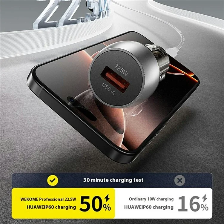 Cargador de coche WEKOME WP-C57 22.5W con un puerto USB-A de carga rápida, de aleación de aluminio y adaptador transparente - Plata
