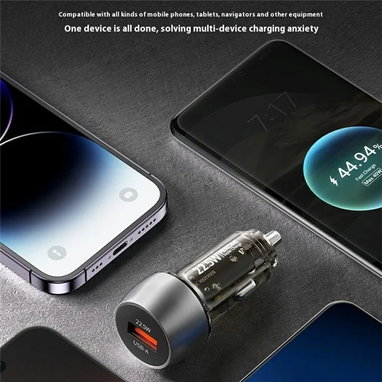 Cargador de coche WEKOME WP-C57 22.5W con un puerto USB-A de carga rápida, de aleación de aluminio y adaptador transparente - Plata