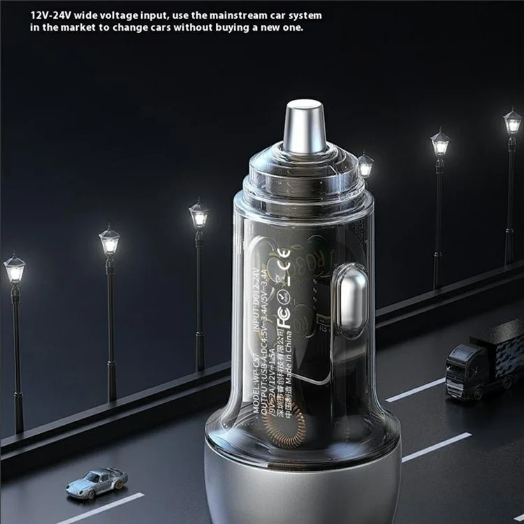 Cargador de coche WEKOME WP-C57 22.5W con un puerto USB-A de carga rápida, de aleación de aluminio y adaptador transparente - Plata