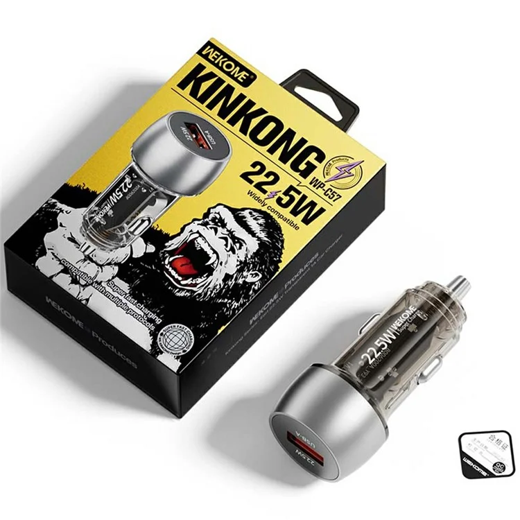 Cargador de coche WEKOME WP-C57 22.5W con un puerto USB-A de carga rápida, de aleación de aluminio y adaptador transparente - Plata