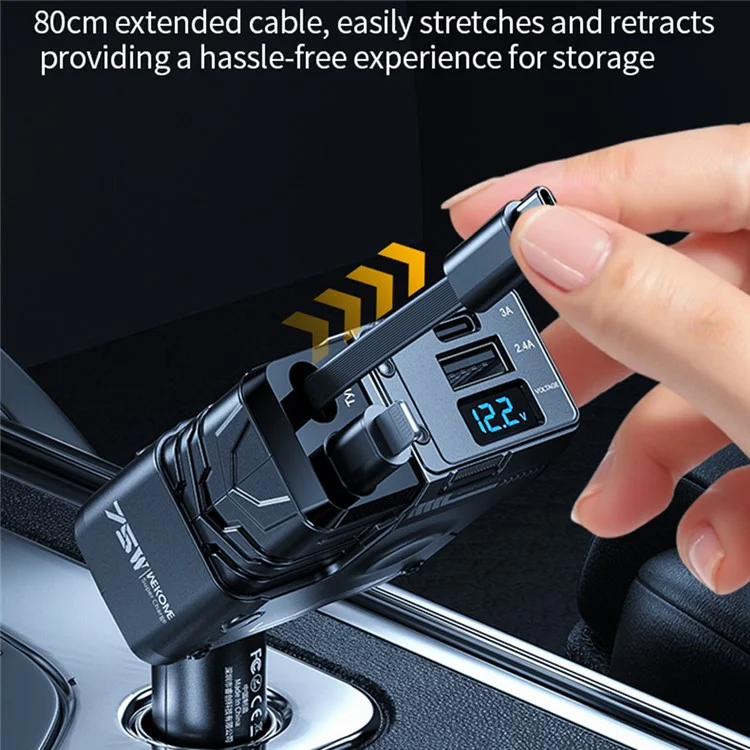 WEKOME WP-C59 Car Charger 75W Fast Charging Multi-Port Adapter with Retractable Cable - White
