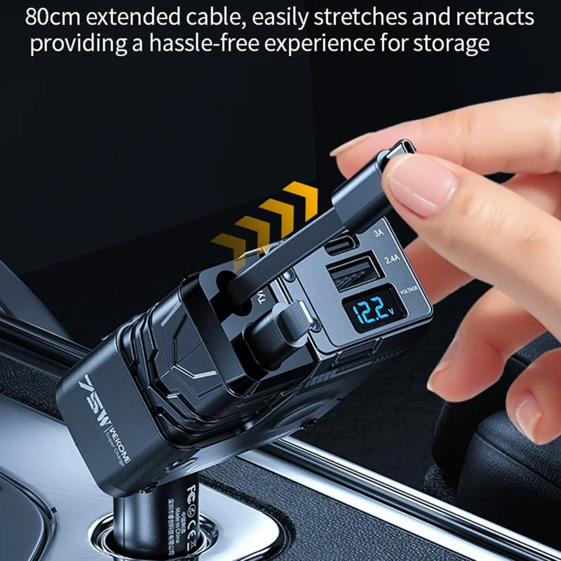 WEKOME WP-C59 Car Charger 75W Fast Charging Multi-Port Adapter with Retractable Cable - Black