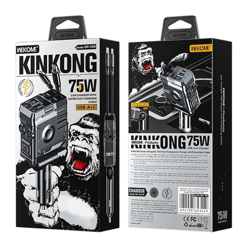 WEKOME WP-C59 Car Charger 75W Fast Charging Multi-Port Adapter with Retractable Cable - Black