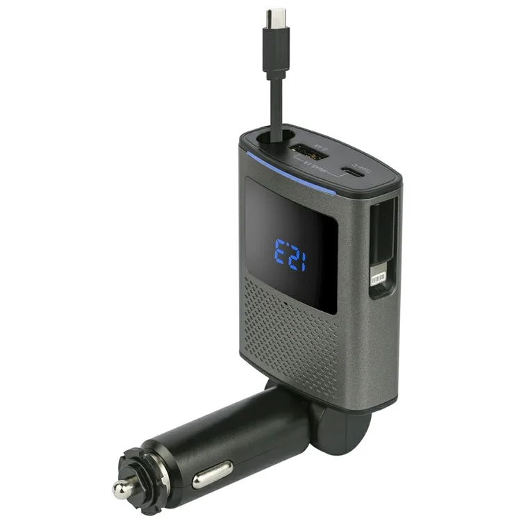 GE02 Voltage Display Fast Charging Car Charger with Retractable Type-C Cable