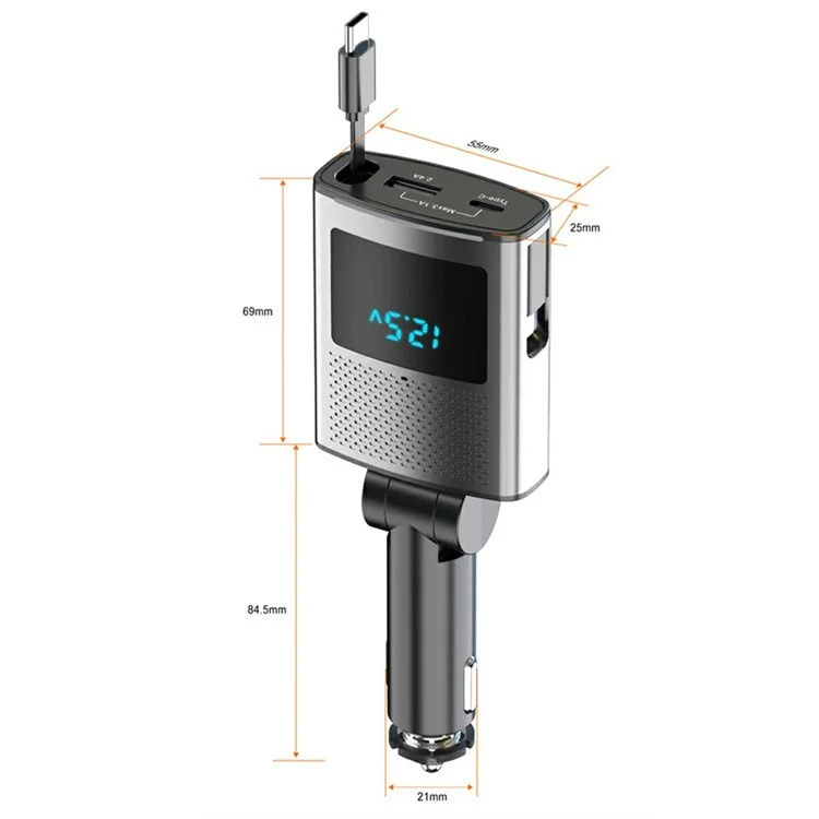 GE02 Voltage Display Fast Charging Car Charger with Retractable Type-C Cable