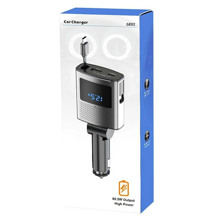 GE02 Voltage Display Fast Charging Car Charger with Retractable Type-C Cable