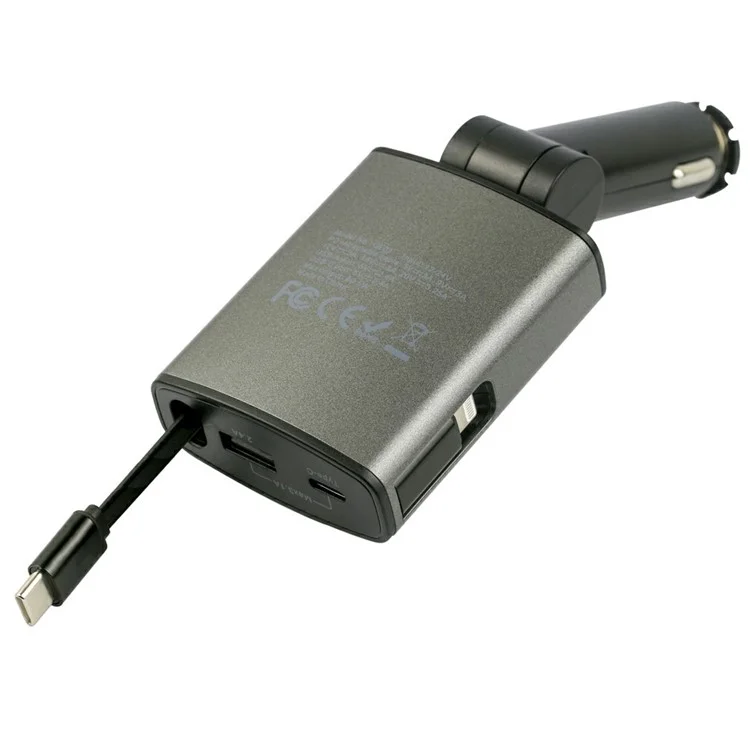 GE02 Voltage Display Fast Charging Car Charger with Retractable Type-C Cable
