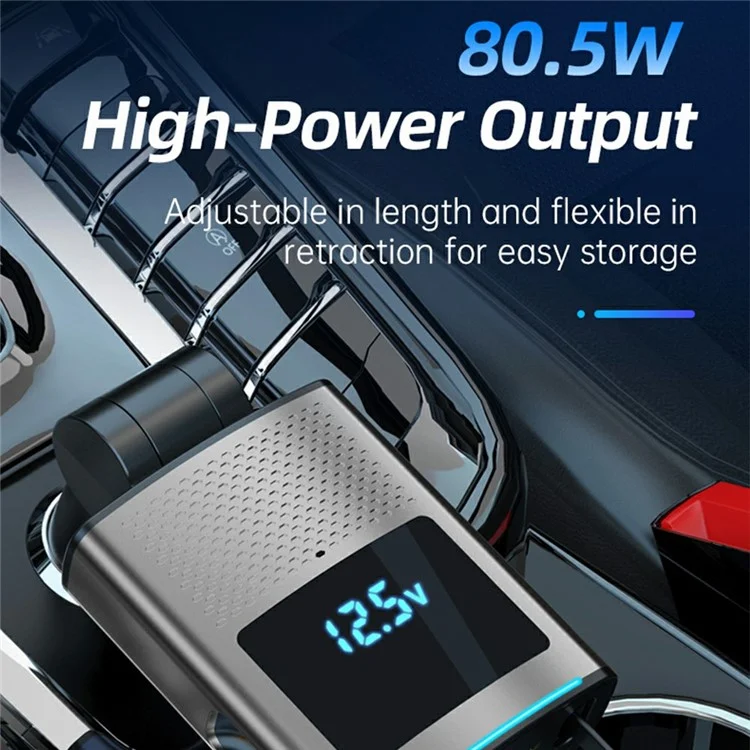 GE02 Voltage Display Fast Charging Car Charger with Retractable Type-C Cable