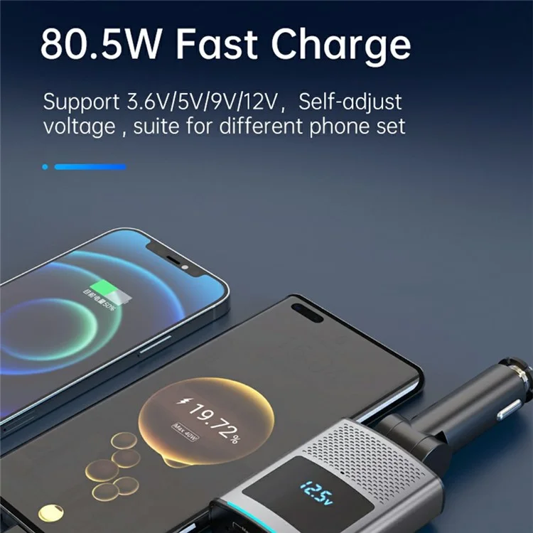 GE02 Voltage Display Fast Charging Car Charger with Retractable Type-C Cable