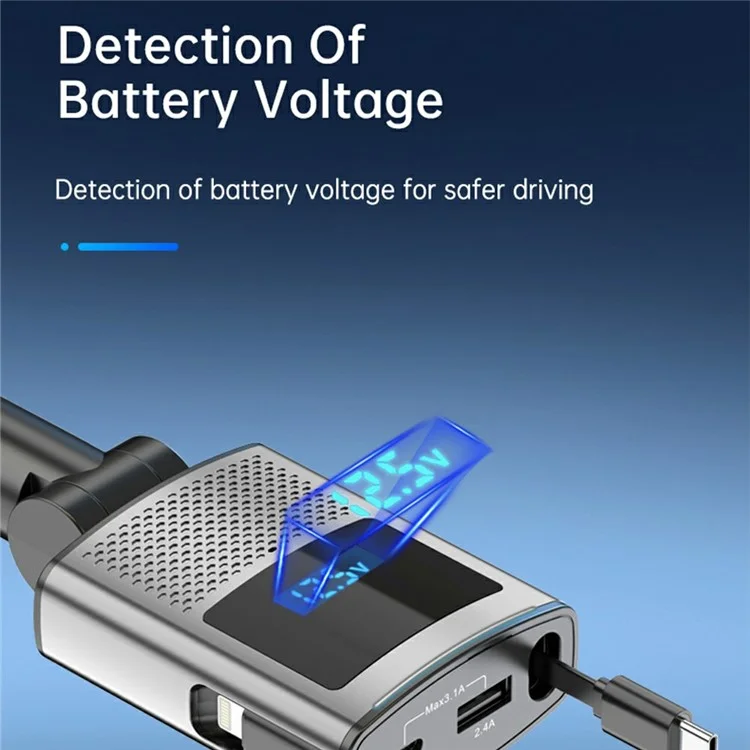 GE02 Voltage Display Fast Charging Car Charger with Retractable Type-C Cable