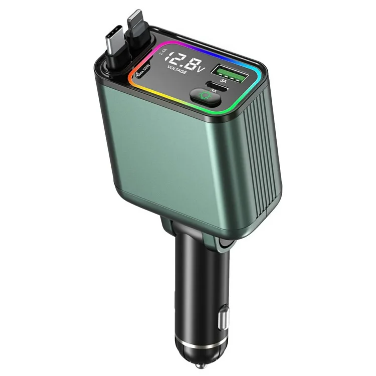 GC08B Fast Charge Car Charger Ambient Light Voltage Display Adapter with Type-C + 8Pin Retractable Cables