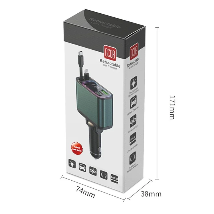 GC08B Fast Charge Car Charger Ambient Light Voltage Display Adapter with Type-C + 8Pin Retractable Cables