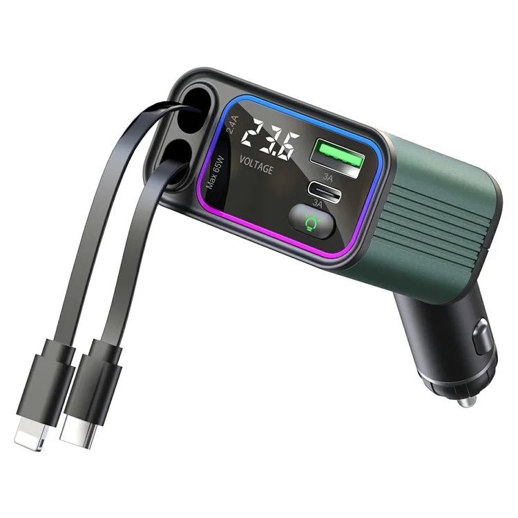 GC08B Fast Charge Car Charger Ambient Light Voltage Display Adapter with Type-C + 8Pin Retractable Cables