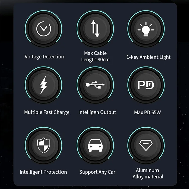 GC08B Fast Charge Car Charger Ambient Light Voltage Display Adapter with Type-C + 8Pin Retractable Cables