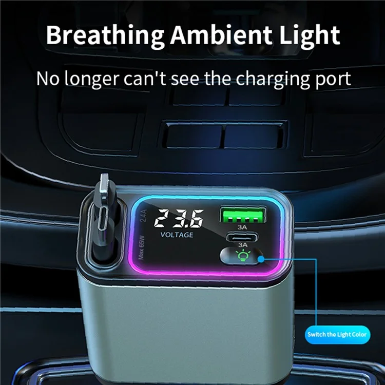 GC08B Fast Charge Car Charger Ambient Light Voltage Display Adapter with Type-C + 8Pin Retractable Cables