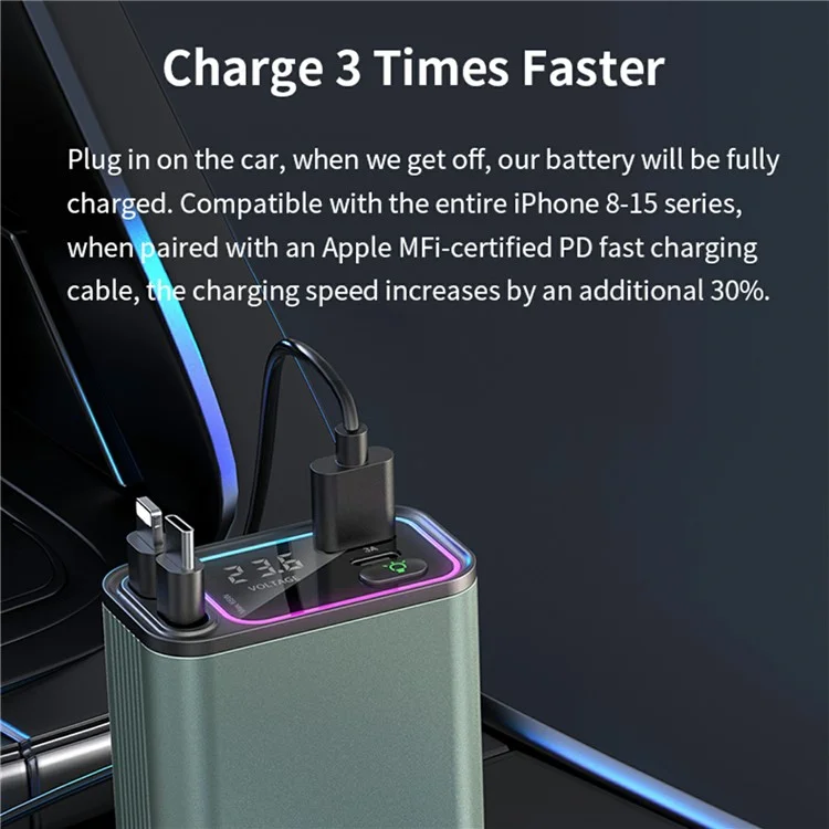 GC08B Fast Charge Car Charger Ambient Light Voltage Display Adapter with Type-C + 8Pin Retractable Cables
