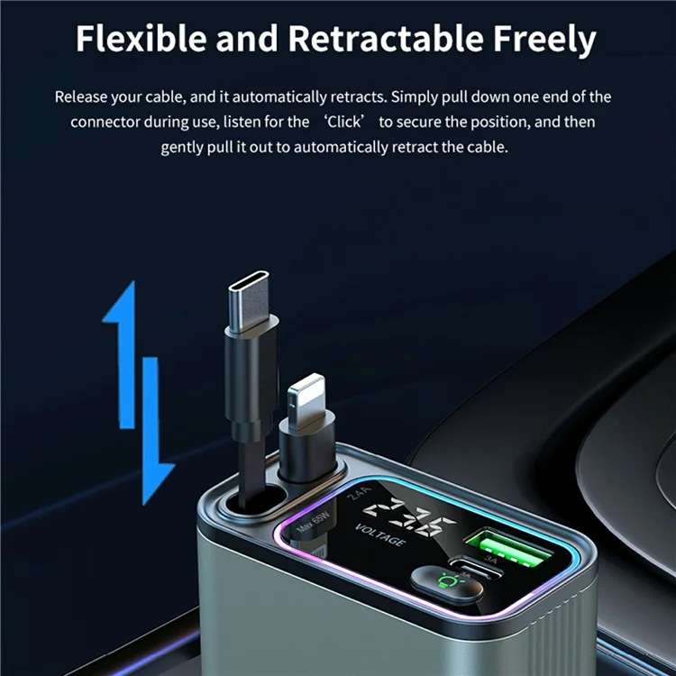 GC08B Fast Charge Car Charger Ambient Light Voltage Display Adapter with Type-C + 8Pin Retractable Cables